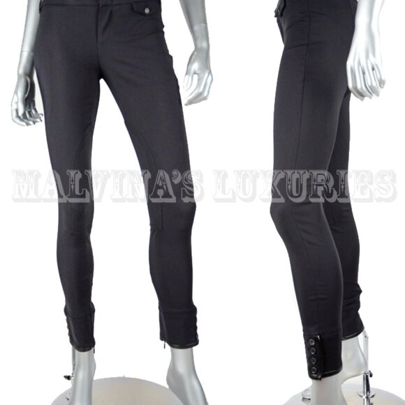 GUCCI RIDING PANTS SKINNY LEATHER TRIM BLACK COTTON BUTTONED HEMLINE IT 38 US 2 - Picture 4 of 11